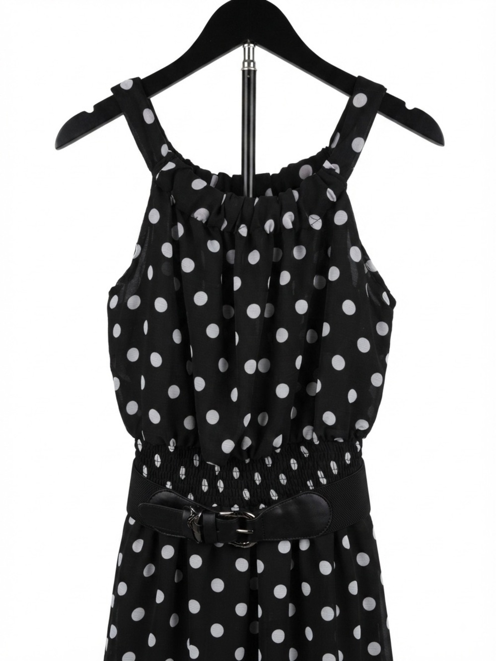 Cocomo Black & White Polka Dot Halter Midi Dress with Ruffle & Belt - NWOT - Picture 4 of 9